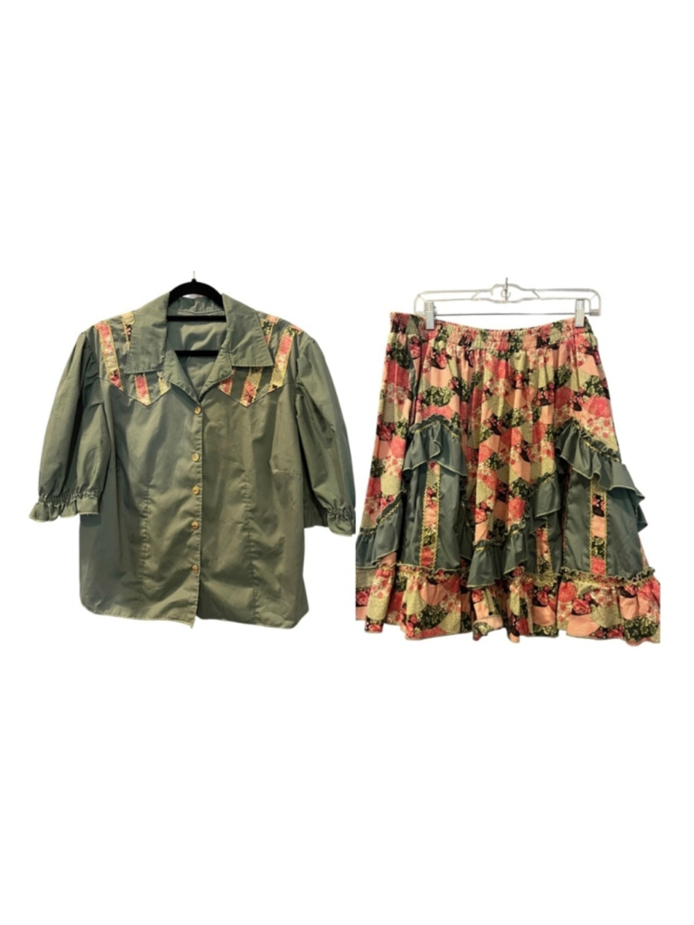 VTG Western 2pc Set L/XL Olive Green Patchwork Ruffle Skirt Top Square Dancing